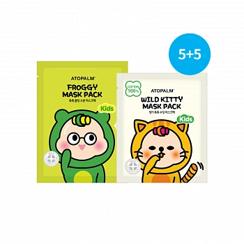 Детская тканевая маска в виде кошки + Детская тканевая маска в виде лягушки KIDS Wild Kitty Mask Pack & Froggy Mask Pack
